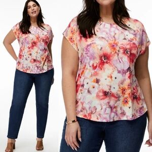 NWT Laura Floral Top Size 3X Blouse Short Sleeves Orange Purple Boho Canada Made